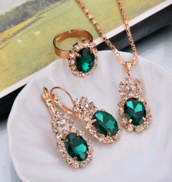 Europe And The United States Personalized Water Drop Color Diamond Necklace, Earrings, Rings Set, Shiny High-end Bridal Jewel