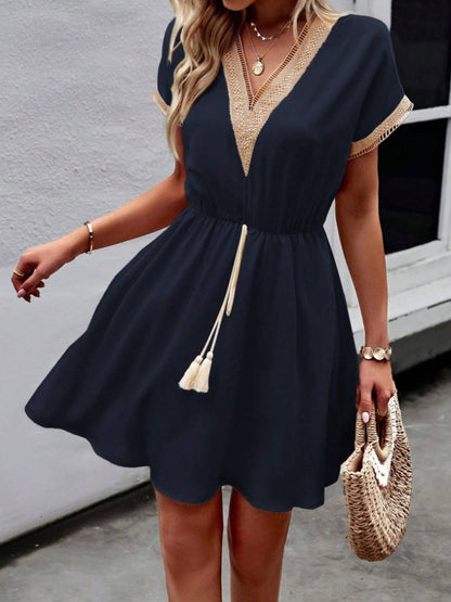 Women Stylish Summer V-Neck Fringed Belted Dress 58fc3e5d f318 46e1 baef 85a4aad21836