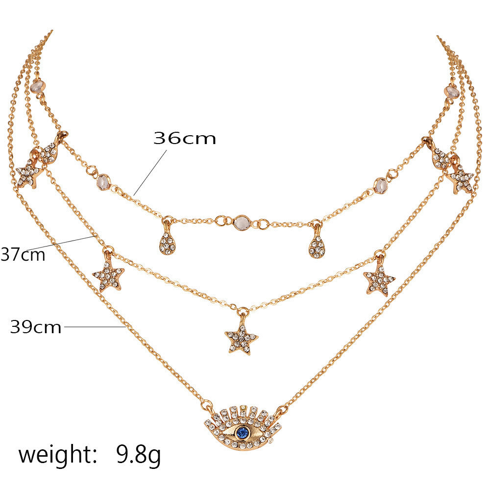 Bls-miracle Multilayer Necklace for Women Long Chain Turkish Eye Pendant Necklaces Trendy Crystal Star Water droplets Necklac