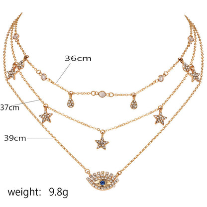 Bls-miracle Multilayer Necklace for Women Long Chain Turkish Eye Pendant Necklaces Trendy Crystal Star Water droplets Necklac