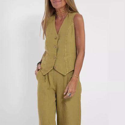 Summer Vest Suits V-neck Botton Sleeveless Top And Loose Straight Trousers Casual Womens Clothing
