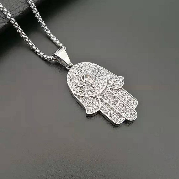 European And American Titanium Steel Gold Plated Diamond Hand Of Fatima Pendant Necklace 5a2e7aa1 8600 41be bf9a 1d415d0a5f32