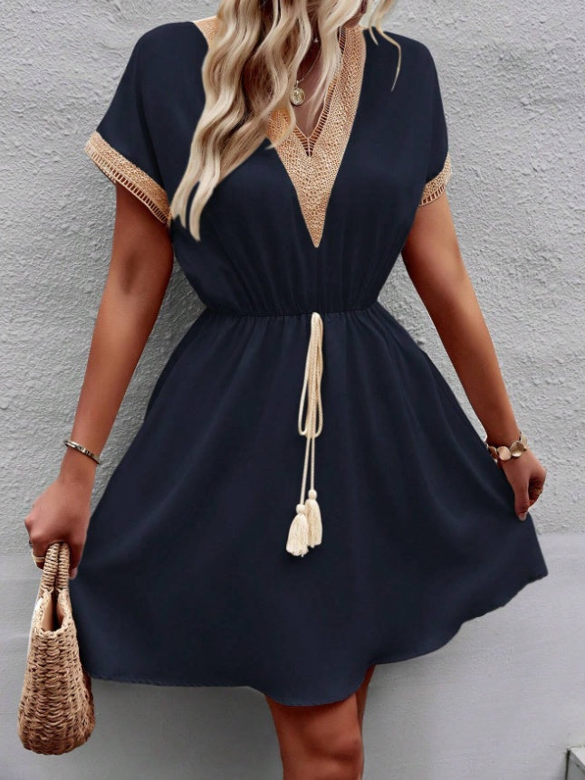 Women Stylish Summer V-Neck Fringed Belted Dress 5a525666 ecec 4014 84f2 69980b9dfe7c