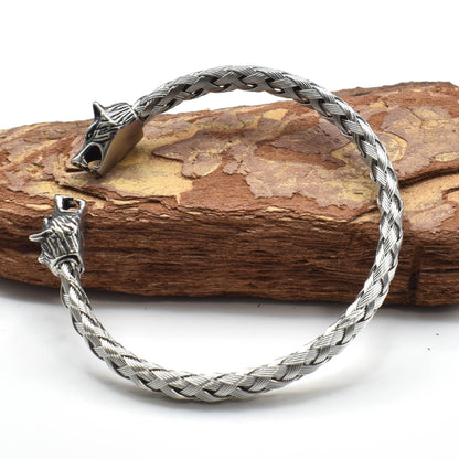 Stainless Steel Viking Wolf Head Opening Braided Bracelet 5a73aaf7 50a2 452c 80f4 67621288aeba