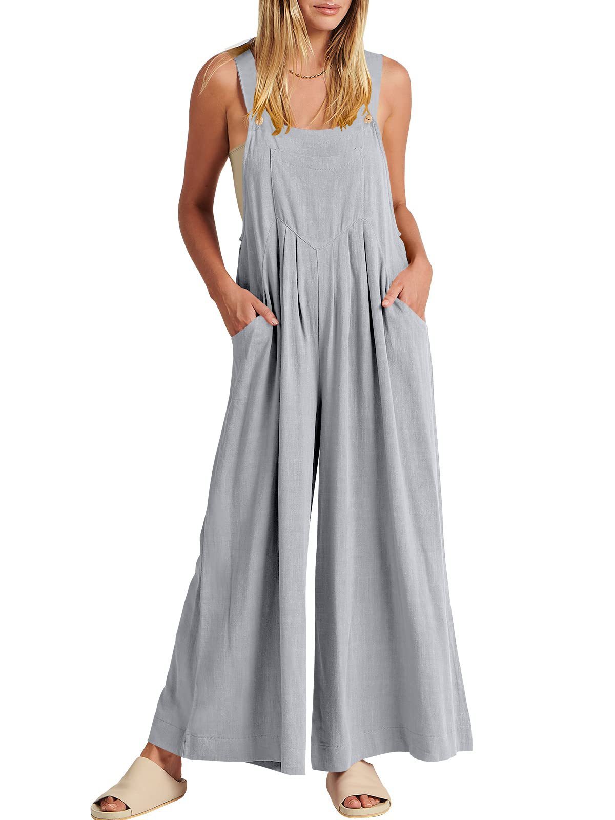 Women's Solid Color Loose Casual Cotton And Linen Suspender Jumpsuit 5b144426 9302 4ec9 ae10 b5c4b1214b08