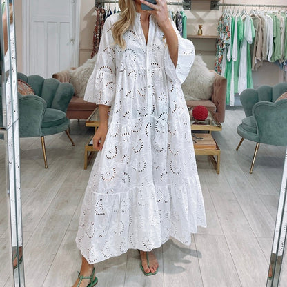 French Style V-neck Bell Sleeve Lace Hollow Out Solid Color Sexy Long Dress Women 5b829210 4769 448b 98a6 fc7e3f82d60e