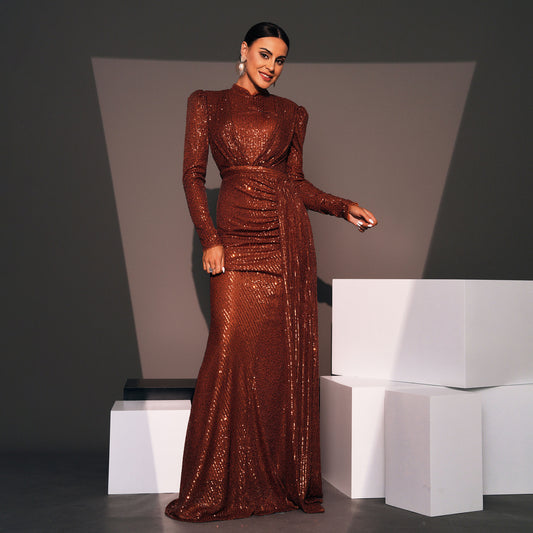 Long Sleeve Round Neck Sexy Slim Long Sequined Banquet Dress 5bb06be3 54e3 4a3d 8068 3d75876ec9af