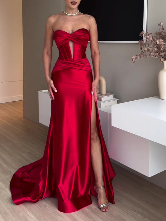 Tube Top Slit Red Extra Long Evening Dress 5bbc229c 66f8 4e7f 8009 6173dc7d78be
