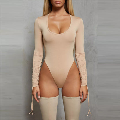 Sexy Solid Color Long Sleeve Scoop Neck Bodysuit - Stretchy Micro Elasticity, Drawstring Details, Machine Washable - Perfect 