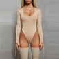 Sexy Solid Color Long Sleeve Scoop Neck Bodysuit - Stretchy Micro Elasticity, Drawstring Details, Machine Washable - Perfect 