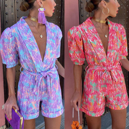 Bubble sleeved short sleeved printed waistband elastic jumpsuit 5c623da0 e5f5 4259 8ed9 13ed12d8d57a