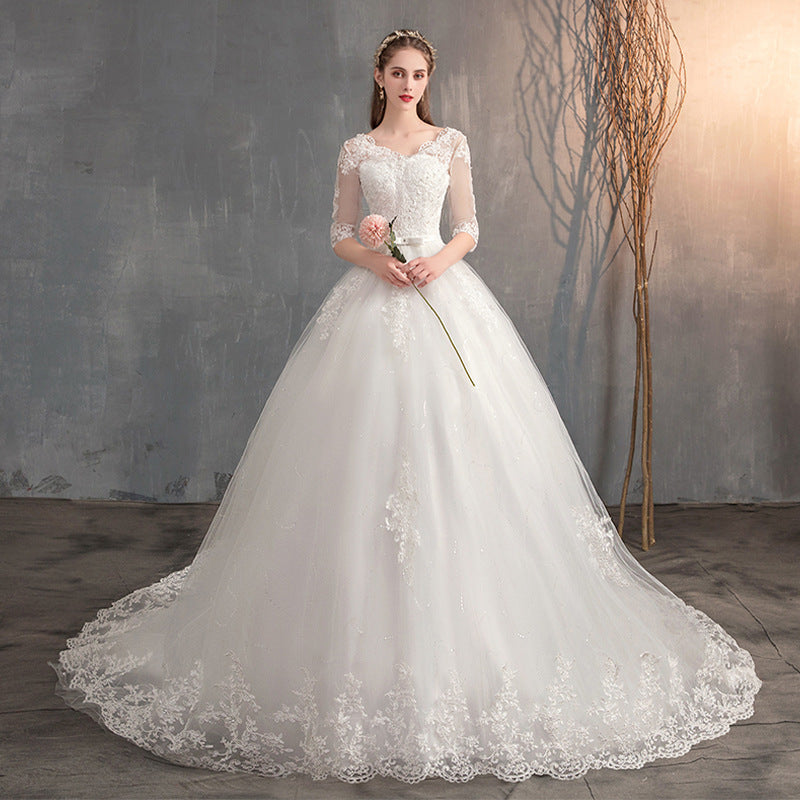 Wedding Dress Trailing Deep V Neck Lace High Waist Wedding Dress Long Sleeves 5c934a1a 01bb 4e23 a86d b0841cd9ff00