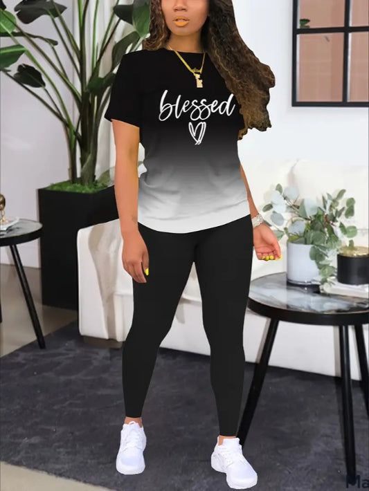 Women's Alphabet Printed Round Neck T-Shirt And Leggings Set 5da0bcac 7542 4e3a b90d 1867ac81b8a7