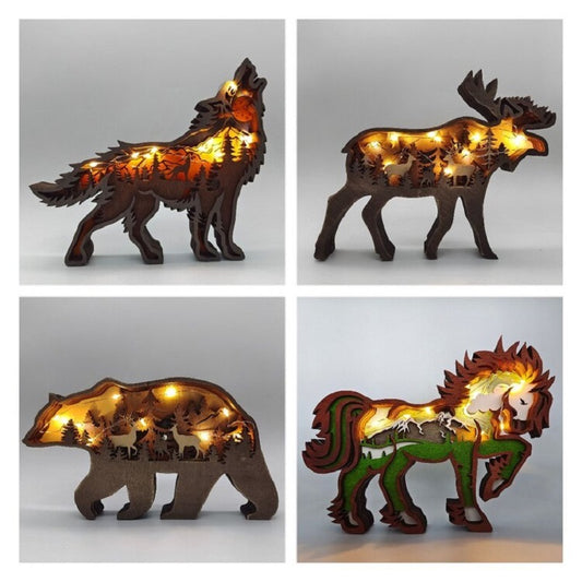 Christmas Decoration Wooden Animal Carving Handcraft Gift Wall Hanging Sculpture 3D Bear Deer Elk Art Decor New Year Ornament
