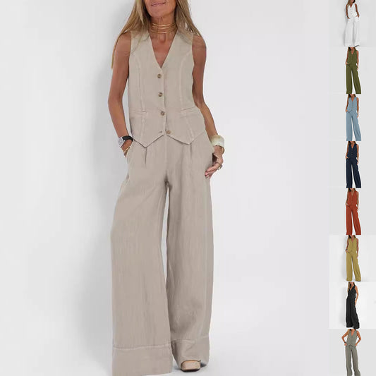 Summer Vest Suits V-neck Botton Sleeveless Top And Loose Straight Trousers Casual Womens Clothing 6115b4b3 4b2d 44c8 aecf dad