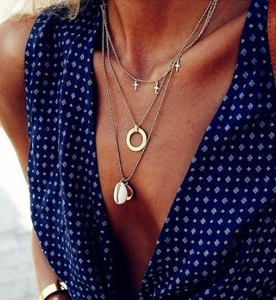 Bls-miracle Multilayer Necklace for Women Long Chain Turkish Eye Pendant Necklaces Trendy Crystal Star Water droplets Necklac
