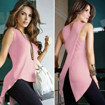 Europe and the United States spring and summer irregular fashion sleeveless back crossover shirt T-shirt 619171751854