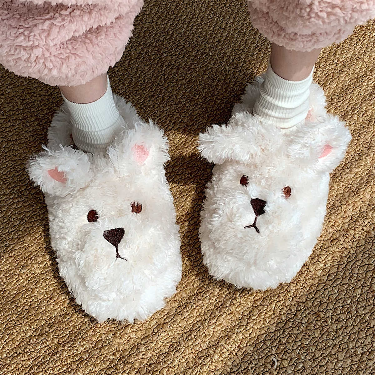 Cartoon Cute Head Cover Plush Warm Confinement Cotton Shoes Female Autumn And Winter Students Household Soft Soled Cotton Sli