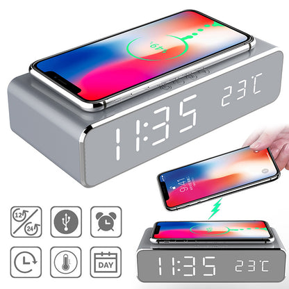 LED Electric Alarm Clock With Wireless Charger Desktop Digital Despertador Thermometer Clock HD Mirror Clock Watch Table Decor - 图片 1