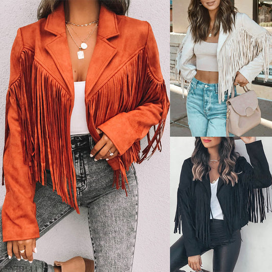 European And American Women's Clothing Jacket Leather Coat Deerskin Velvet Elegant Lapel Tassel Short Coat For Women Autumn A