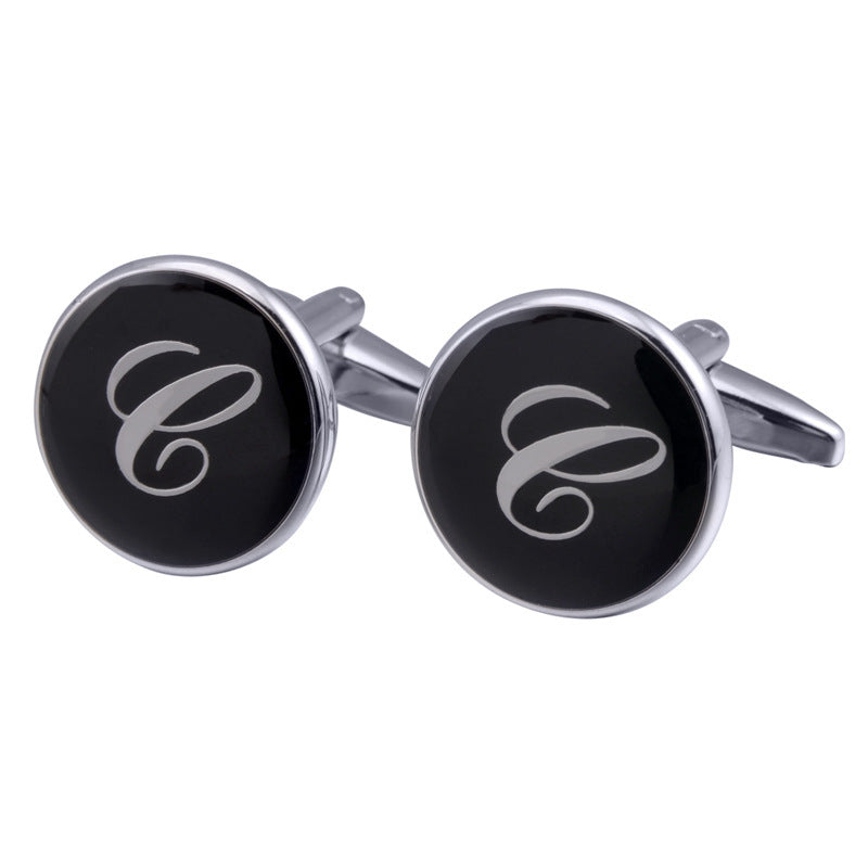 French Cufflinks black round Enamel Traditional letter Cufflinks 626779330428