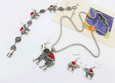 European and American retro turquoise elephant carved three-piece suit jewelry 627611803043