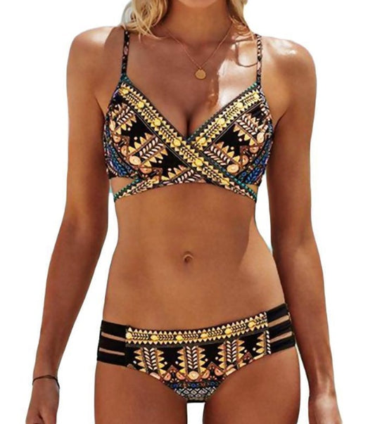 Chest cross straps ethnic style print sexy bikini bikini swimsuit 6326200633834