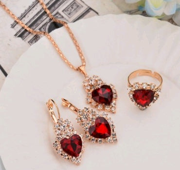 Europe And The United States Personalized Water Drop Color Diamond Necklace, Earrings, Rings Set, Shiny High-end Bridal Jewel