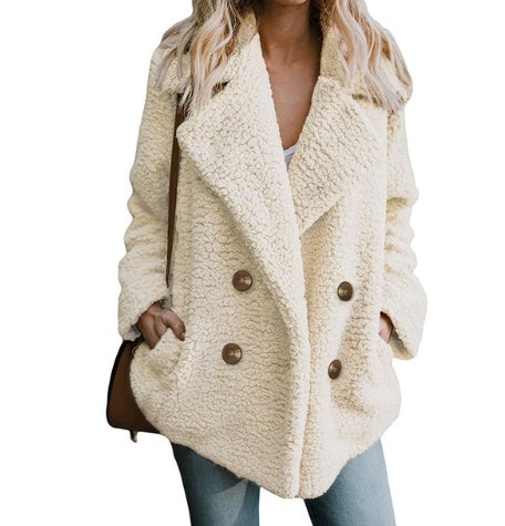 Autumn and Winter Women's Plush Button Lapels Pocket Coat Shirt 634198372842