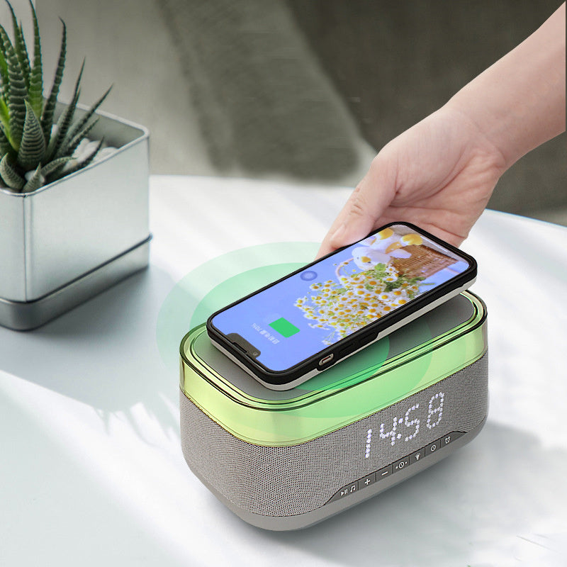 Intelligent Multifunctional Alarm Clock Bluetooth Speaker Wireless Charger Fast Charge Clock Atmosphere Night Light Home Deco