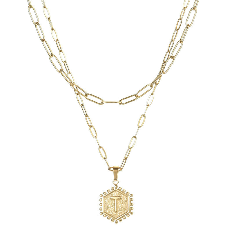 14K Gold Double-layer Combination Necklace Cool Female Letter Stainless Steel Necklace - HD Wireless Product #22