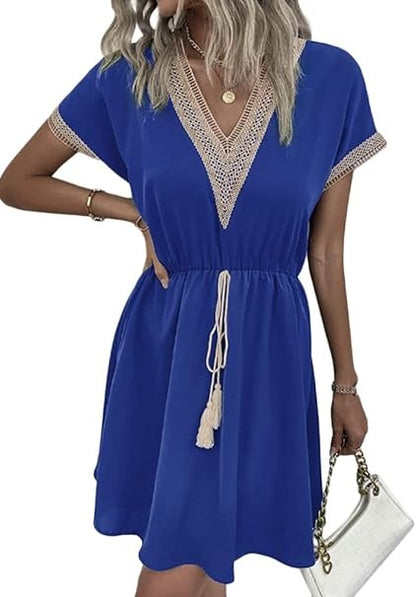 Women Stylish Summer V-Neck Fringed Belted Dress 6431b5c2 5e27 4203 9246 ac8c12a599ae