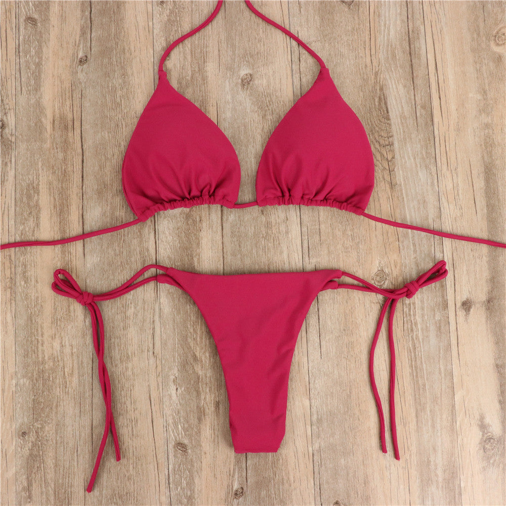 2pcs Halterneck Lace-up Bikini Women Summer Solid Color Sexy Split Strap Adjustable Swimsuit Suit - HD Wireless Product #3