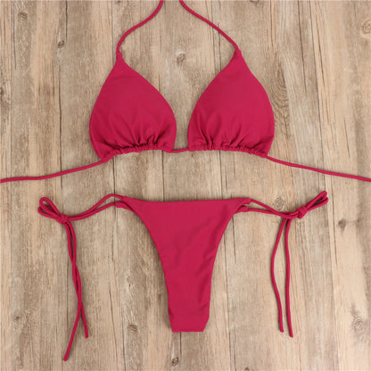 2pcs Halterneck Lace-up Bikini Women Summer Solid Color Sexy Split Strap Adjustable Swimsuit Suit - HD Wireless Product #3