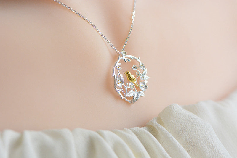 Bird necklace on a branch, silver flower, big tree, clavicle chain 6524860113416