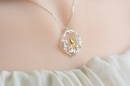 Bird necklace on a branch, silver flower, big tree, clavicle chain 6524860113416