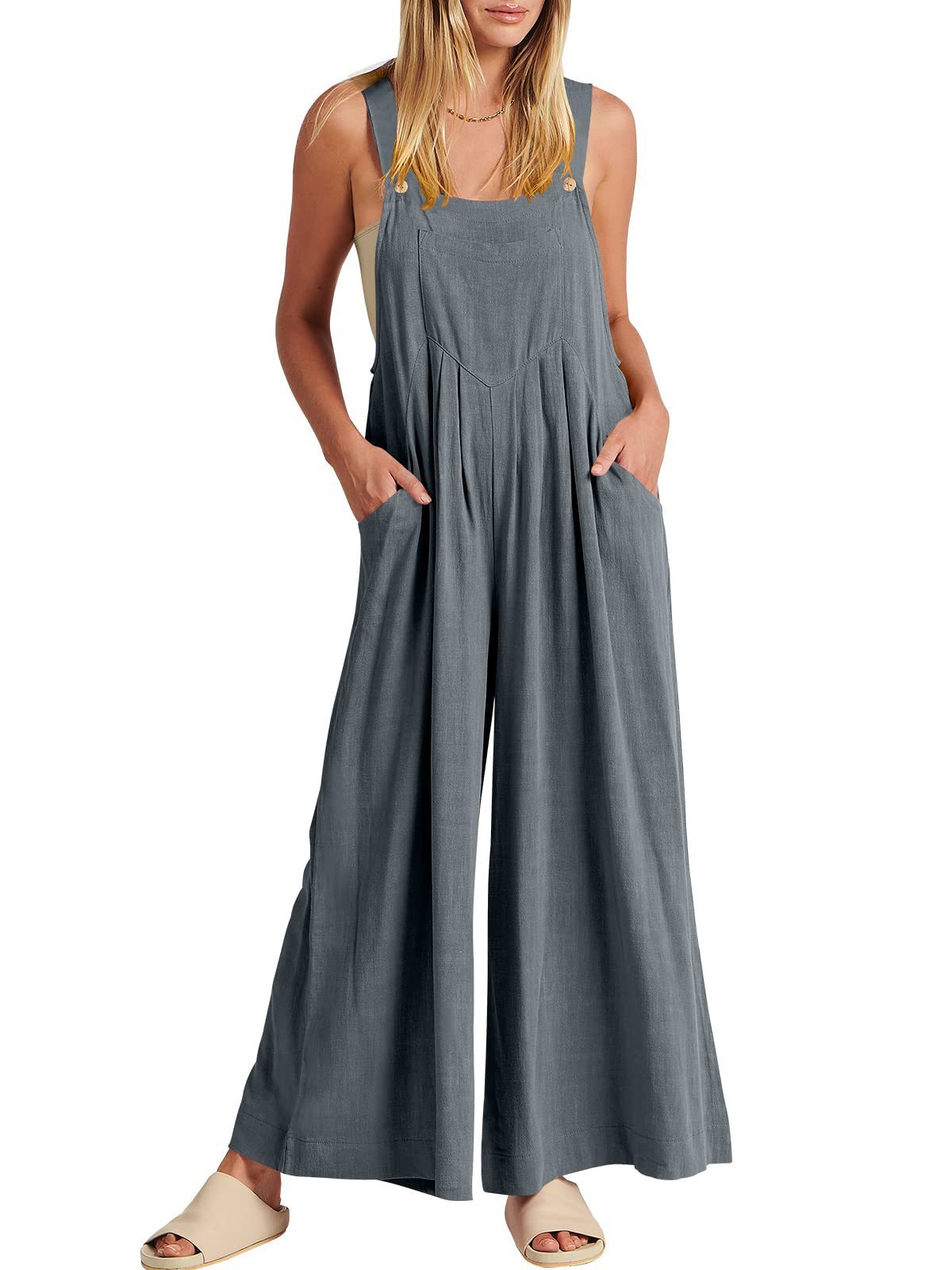 Women's Solid Color Loose Casual Cotton And Linen Suspender Jumpsuit 65fe0014 b85c 4ac0 b19a 1b9ca0405228