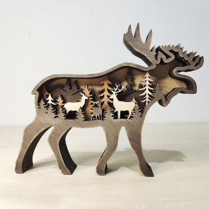 Christmas Decoration Wooden Animal Carving Handcraft Gift Wall Hanging Sculpture 3D Bear Deer Elk Art Decor New Year Ornament