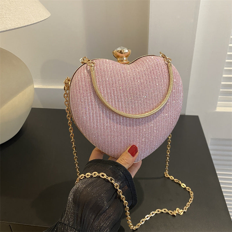 Evening Clutch Bag Women Bag Shiny Handbag Heart Shape Metal Clutches Bag Fashion Chain Shoulder Crossbody Bag Luxury Lady Pu