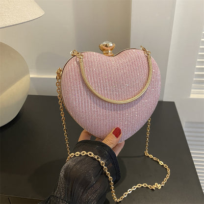 Evening Clutch Bag Women Bag Shiny Handbag Heart Shape Metal Clutches Bag Fashion Chain Shoulder Crossbody Bag Luxury Lady Pu