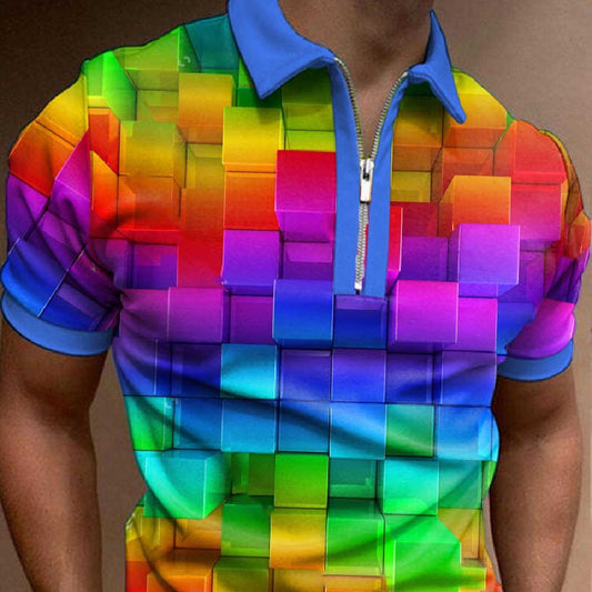 3D Printing Colorful Black Men's Zip Short Sleeve POLO Shirt - HD Wireless Product #1