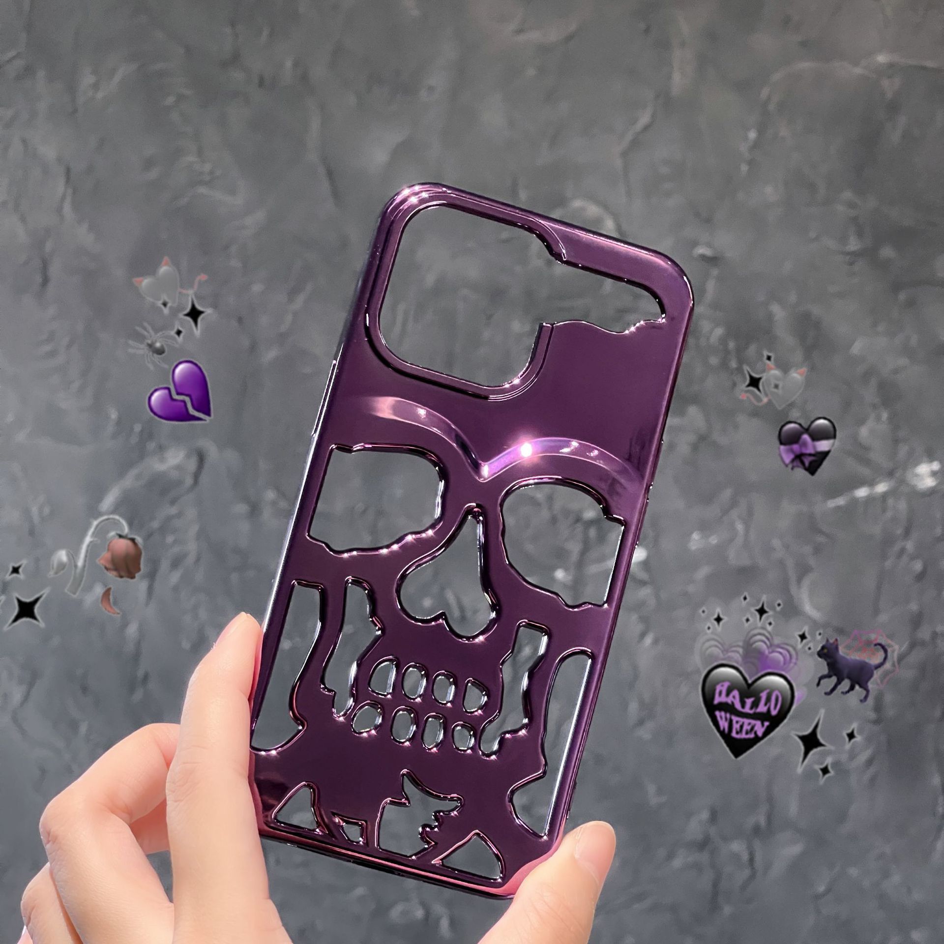 Luxury Plating 3D Skull Phone Case For I-Phone 14 Pro Max 13 12 11 Plus Breathable Glossy Hollow Out Gold Metallic Paint 670a