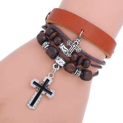 Beaded cross leather bracelet 676598059279