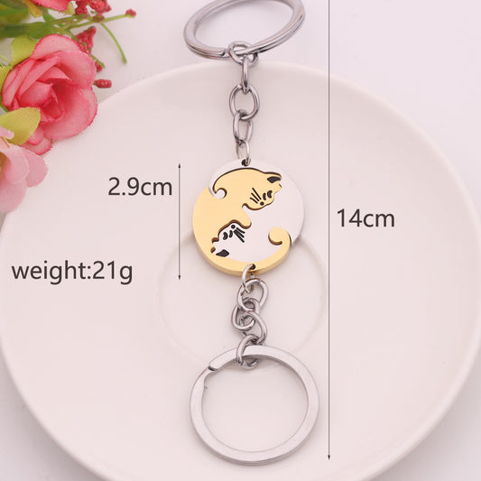 Jovivi 2pcs Yin Yang Cat Key Ring Matching Cute Cat Jigsaw Puzzle Key Chain Stainless Steel Pet Keychain for Couples Lover Gift - 图片 1
