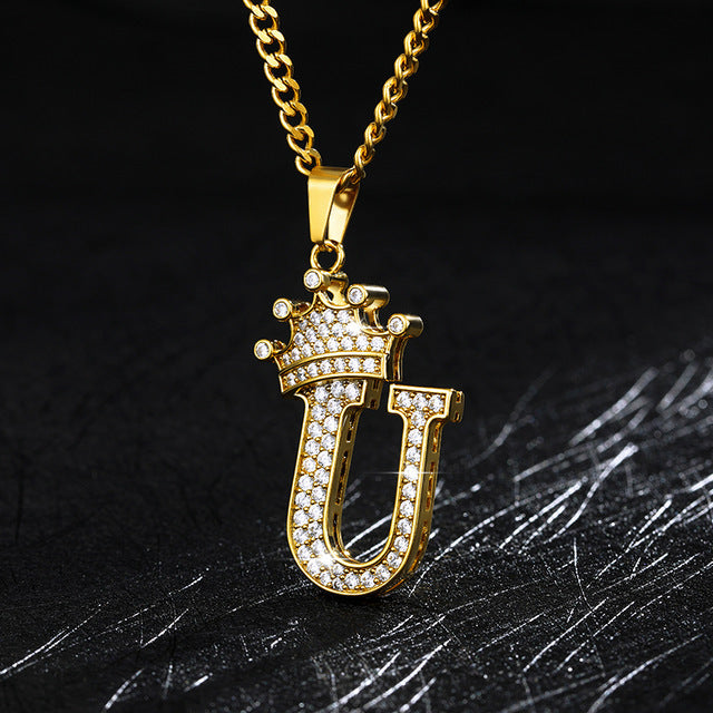 Crown Pendant Stainless Steel Letter Necklace 696768088362