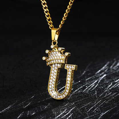 Crown Pendant Stainless Steel Letter Necklace 696768088362