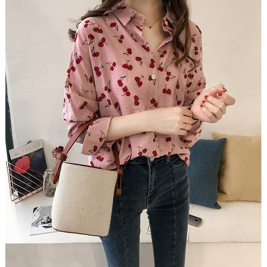Women's Long-sleeved Shirt Loose Sweet Cherry Printed 69a8f6b4 9ce6 443b ada6 baccea1b53ae