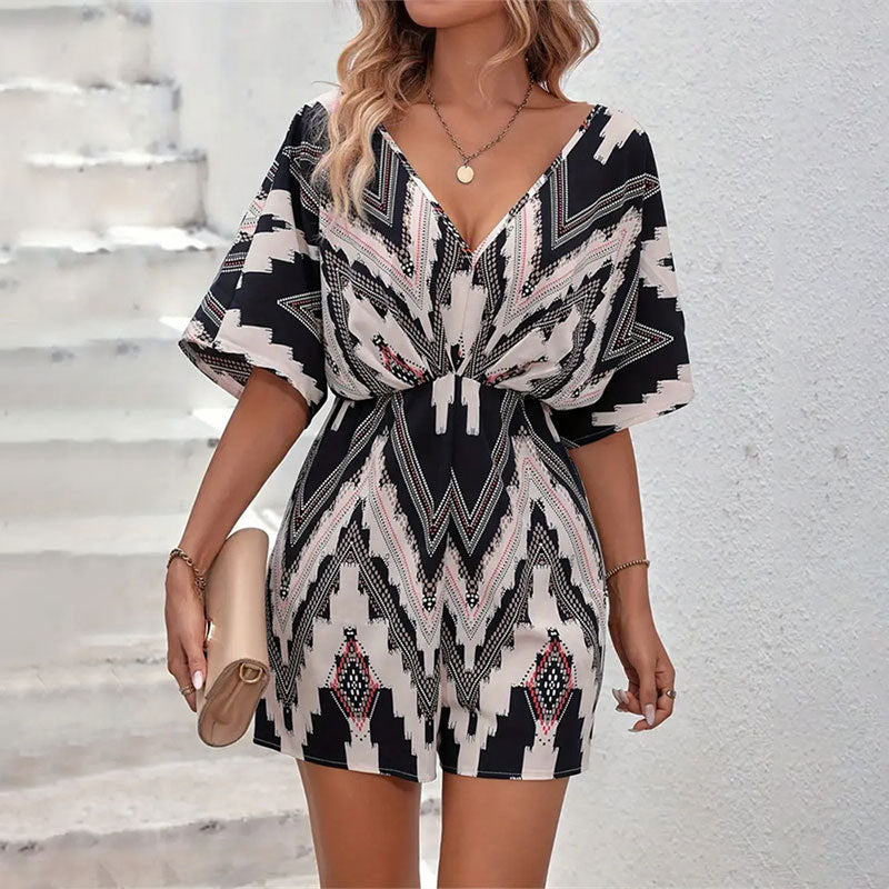 Printed V-neck Back Bandage Bow One-piece Shorts 6b66a409 6edf 446a a477 8554b1969077