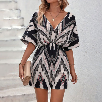 Printed V-neck Back Bandage Bow One-piece Shorts 6b66a409 6edf 446a a477 8554b1969077