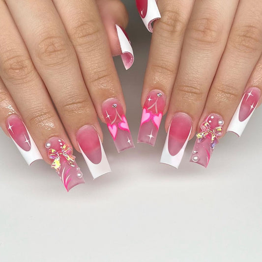 Wear A Piece Long Aurora Bow Pearl Rhinestone White French Edge Fake Nails 6bac9457 e229 4e69 8159 3aebae4cdff8
